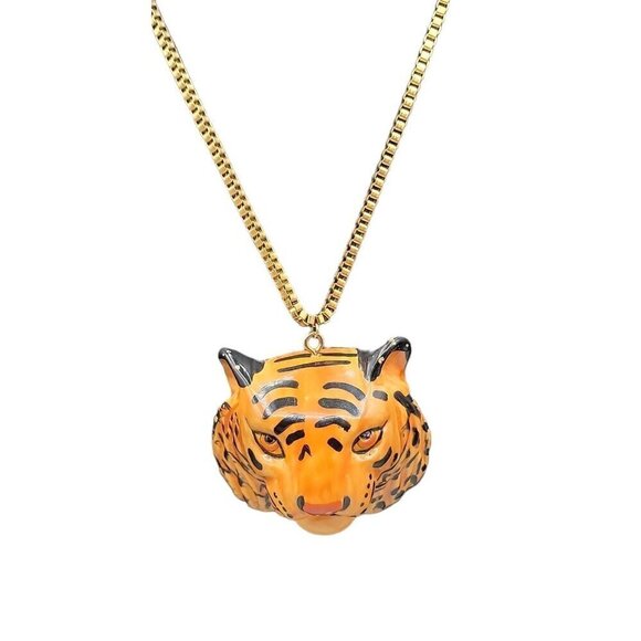 Tiger Head Pendant Necklace 22" Gold Plated Box Chain Handmade Large Statement - Picture 8 of 16
